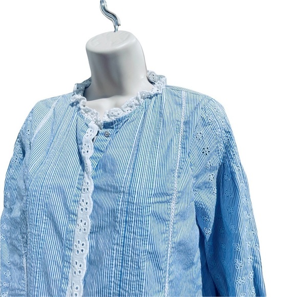 ZARA WOMEN button up blue pinstripe blouse white lace trim size small - Picture 4 of 8